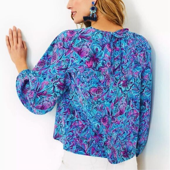 NWT Lilly Pulitzer Rilynn Long Sleeve Breakwater Blue Shells N Bells Top Size XS - Picture 3 of 12